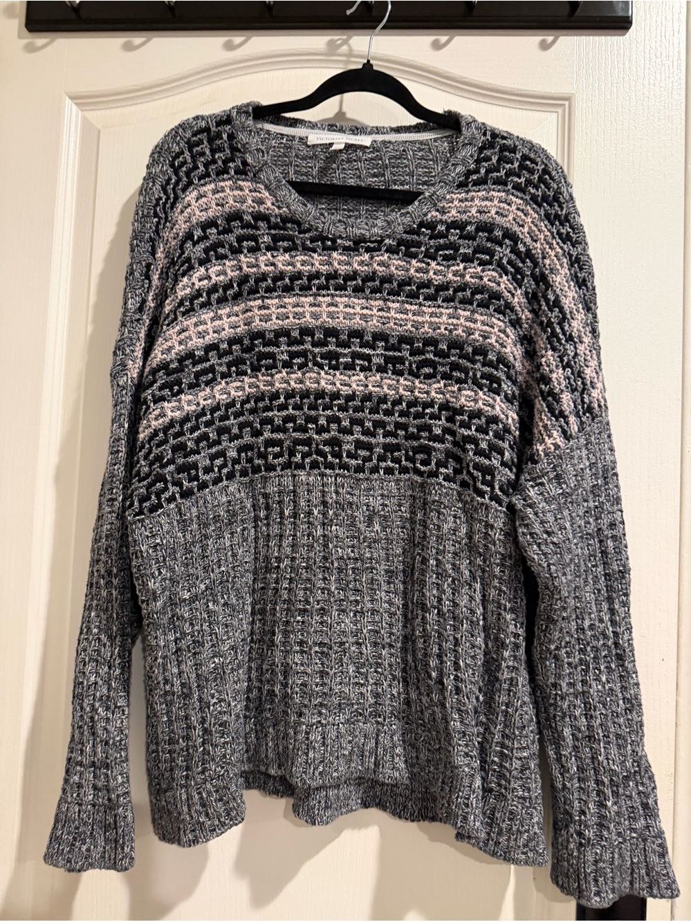 Victoria's Secret Gray Crewneck Sweater with Pink & Black Pattern